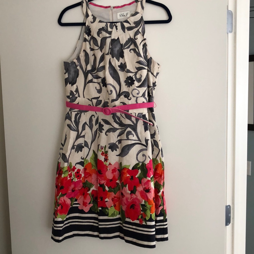 Cream & navy dress with pink and red flowers